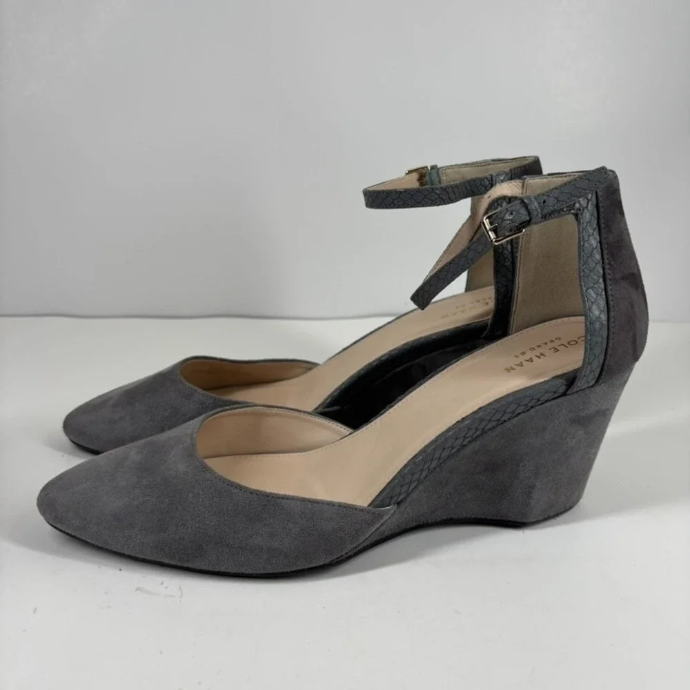 Cole Haan Lara Women's US 11 Grey Suede‎ Comfort Casual Ankle Strap Wedge Pumps